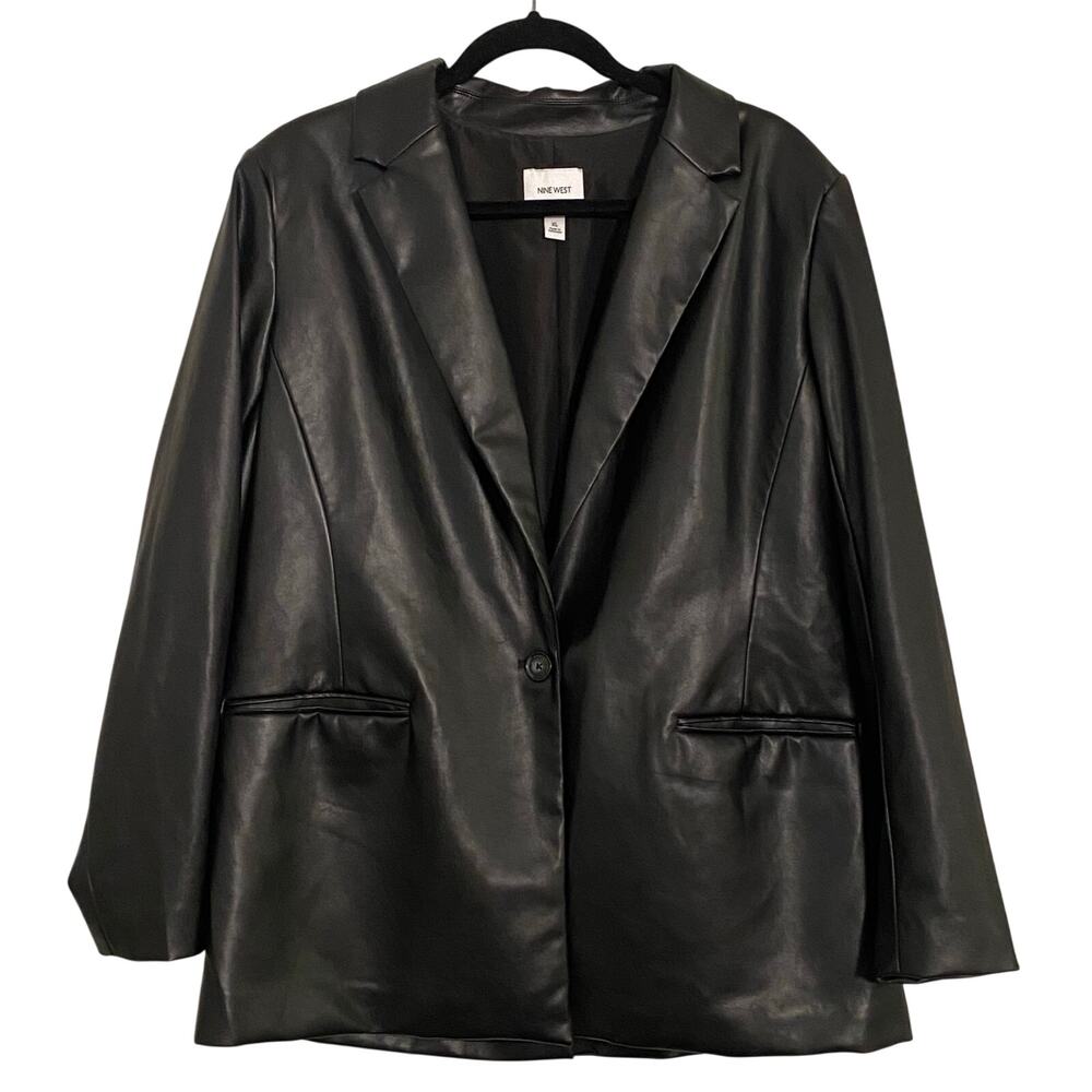 Nine West Black Faux Leather Single Button Blazer Jacket XL Vegan Quiet Luxury